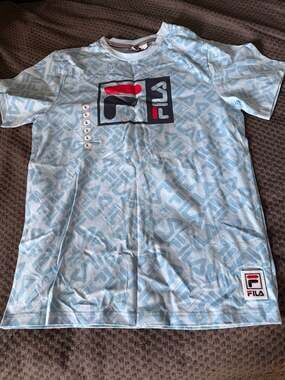 FILA Boys Peyton AOP Printed Tonal Logo T-Shirt Powder Blue Size Large